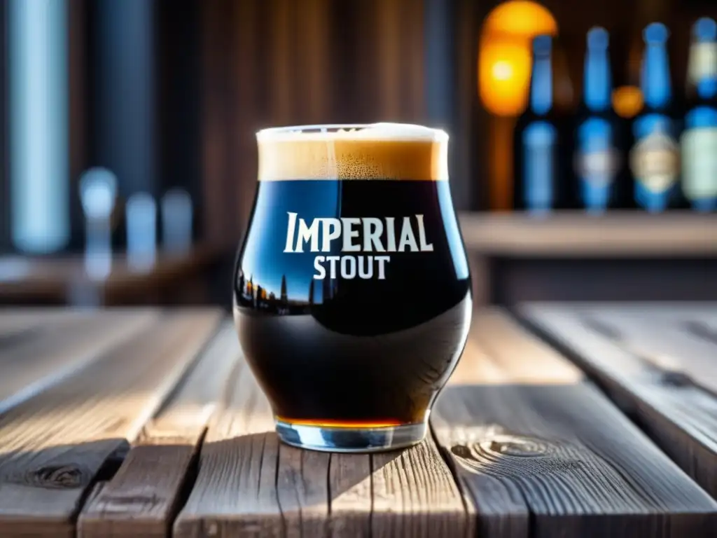 Imperial Stout en vaso snifter, detalle y elegancia de la cerveza negra en mesa de madera