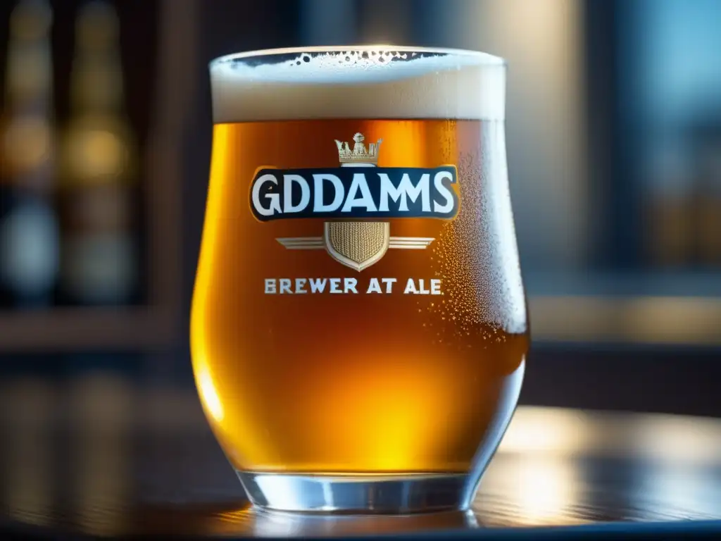 Cerveza dorada Adnams Brewery con burbujas y condensación gélida