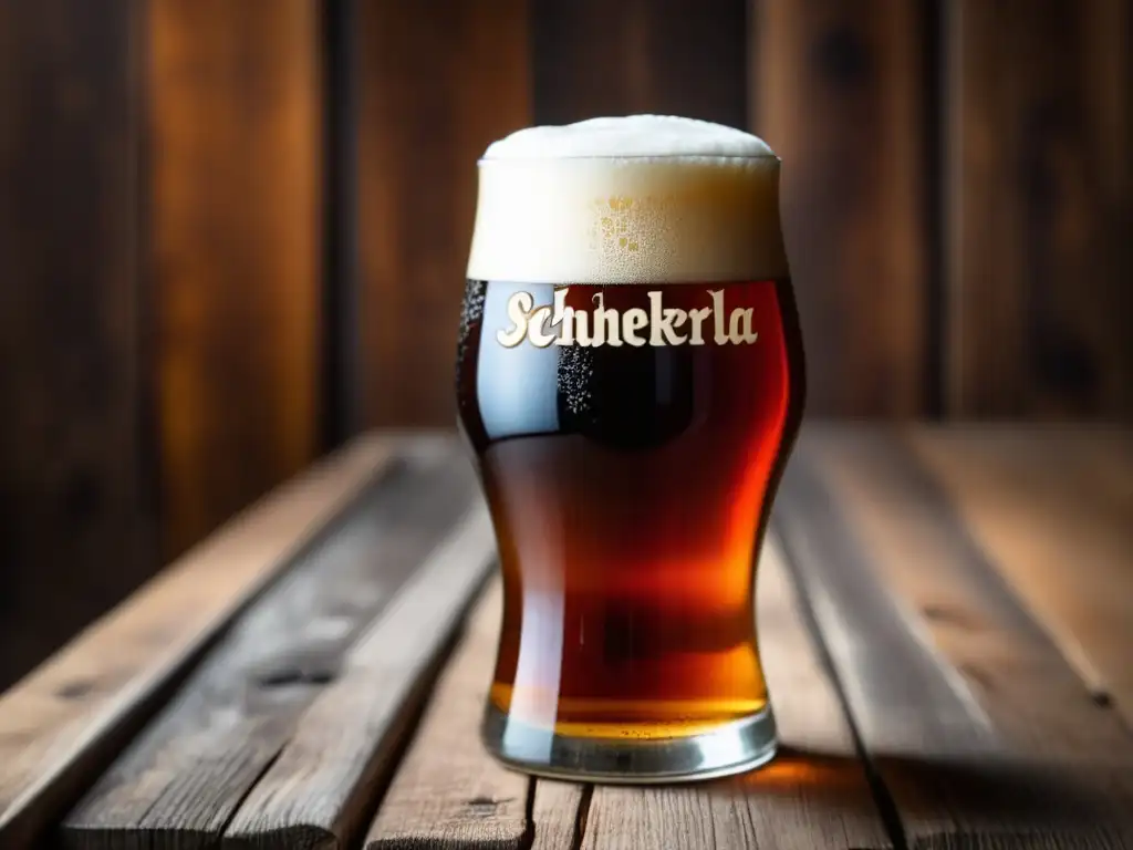 Delicioso Aecht Schlenkerla Rauchbier en mesa Cerveza Aecht Schlenkerla Rauchbier en vidrio con burbujas y espuma en mesa de madera