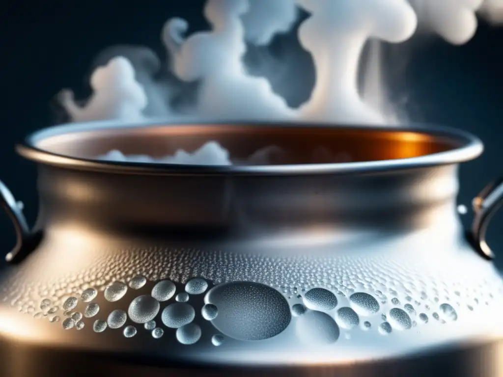 An intense closeup of a brewing kettle with boiling water, showcasing crystal-clear ripples and bubbles