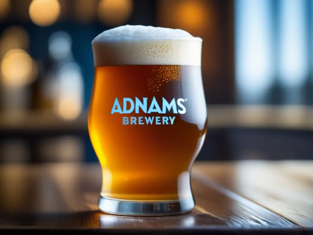 Cerveza Adnams Ale: Espuma dorada y burbujas en detalle, en vaso de madera rústica