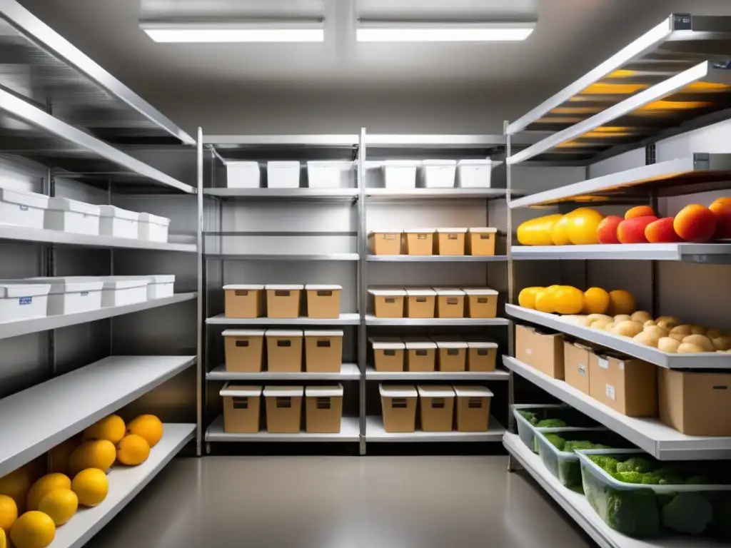 Espacio refrigerado con estantes organizados para la conservación y almacenamiento de alimentos