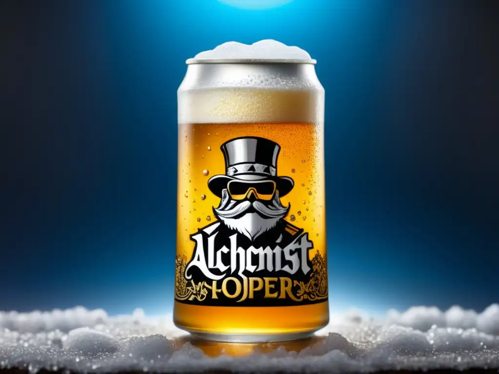 Imagen 8k detallada de The Alchemist Heady Topper, cerveza sour ale con burbujas y detalles ámbar y cítricos