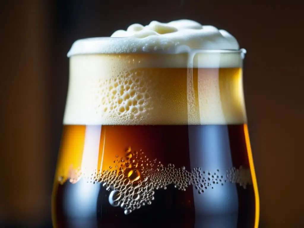 Cerveza Altbier ámbar con espuma cremosa y burbujas de carbonatación