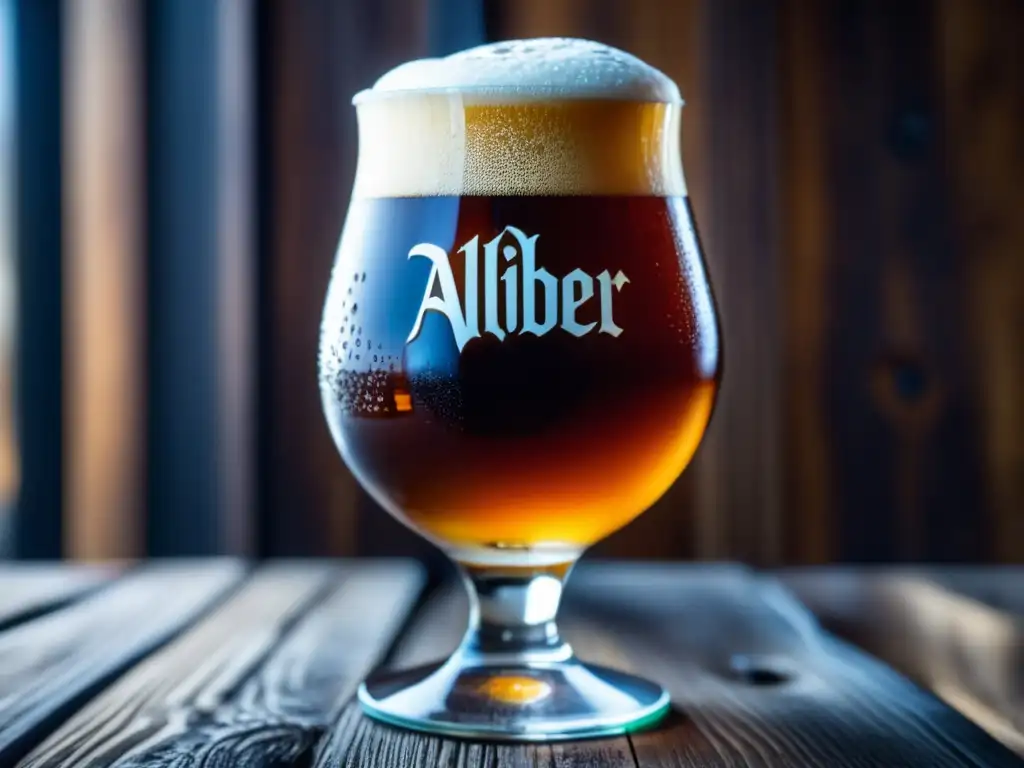 Altbier en vidrio ámbar con espuma, condensación y textura elegante