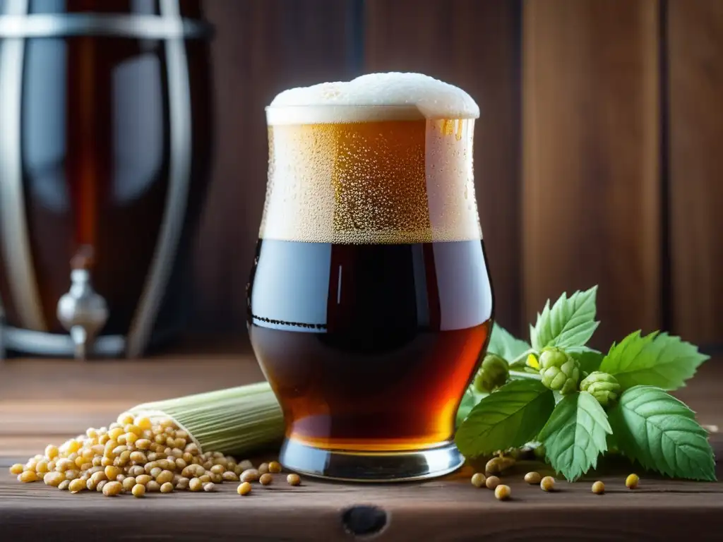 Altbier en vaso de cristal rodeado de lúpulo, cebada y equipo de cerveza, con burbujas y condensación