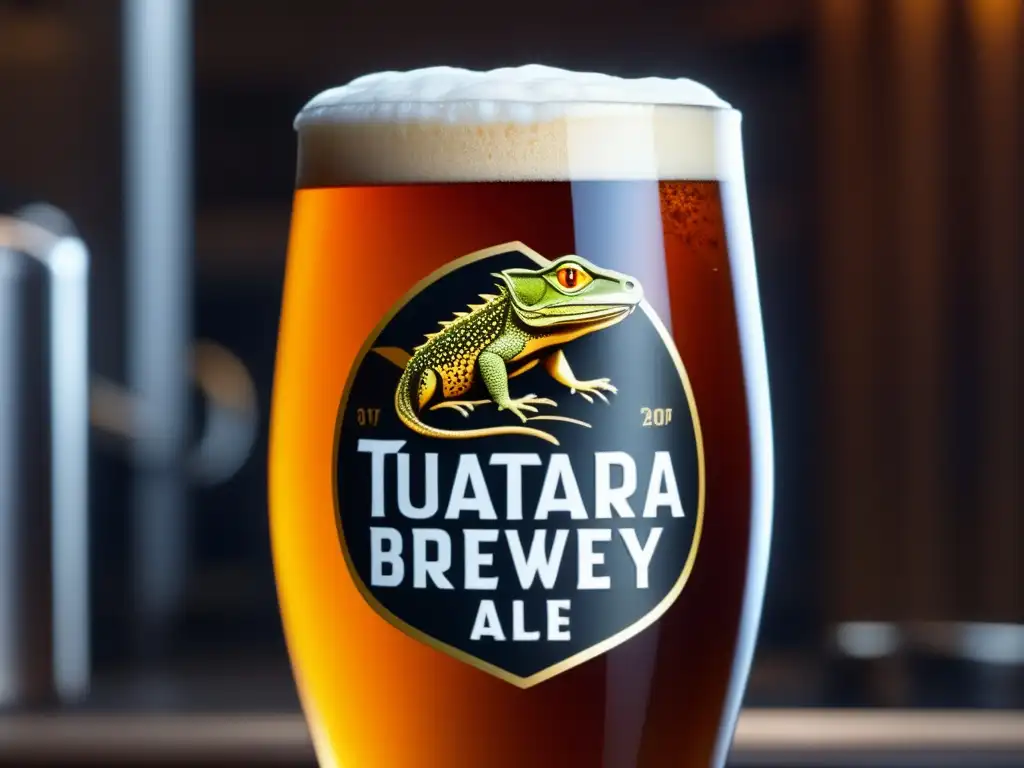 Cerveza Amber Ale de Tuatara Brewery, detalle ultradetallado de una pinta recién servida