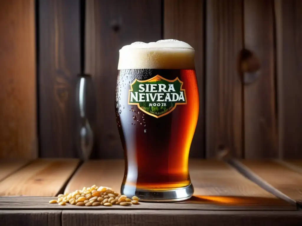 Imagen detallada vaso Sierra Nevada Barleywine, color ámbar, rodeado de cebada y lúpulo