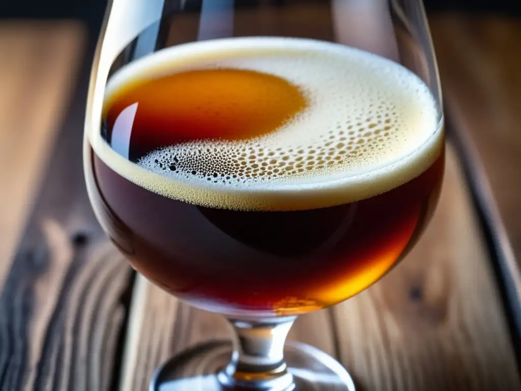 Una macrofoto de una cerveza ácida añejada en barrica con un rico color ámbar, mostrando la claridad y tonalidad del líquido