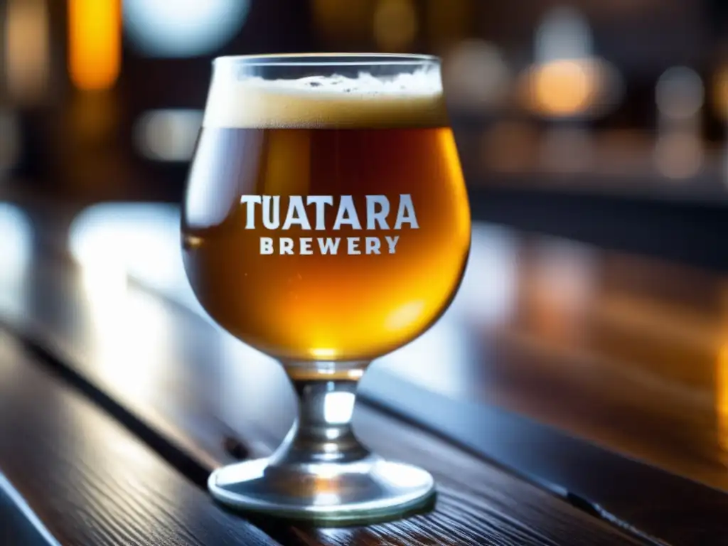 Cerveza artesanal ámbar de Tuatara Brewery con espuma cremosa y burbujas efervescentes en vaso de vidrio en mesa de madera rústica