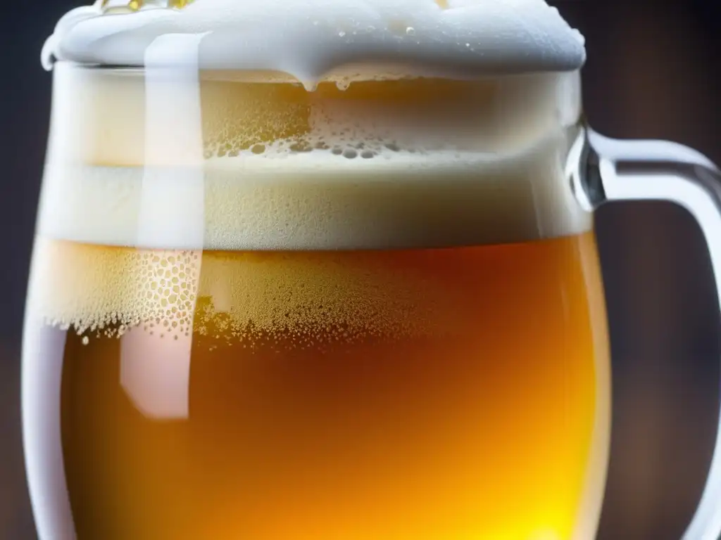 Pasos Maestros: Cerveza casera ámbar con espuma cremosa y burbujas destacadas