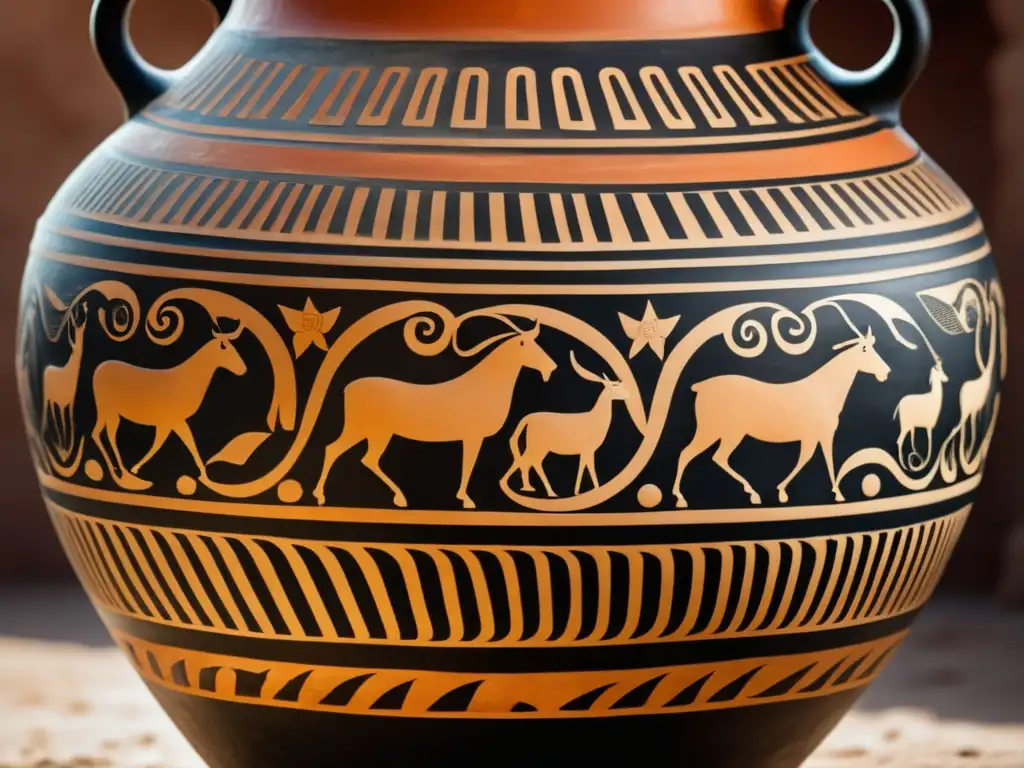 Amphora terracota, inspirada en la mitología griega, evocando la herencia cultural de Grecia y los viajes a Grecia