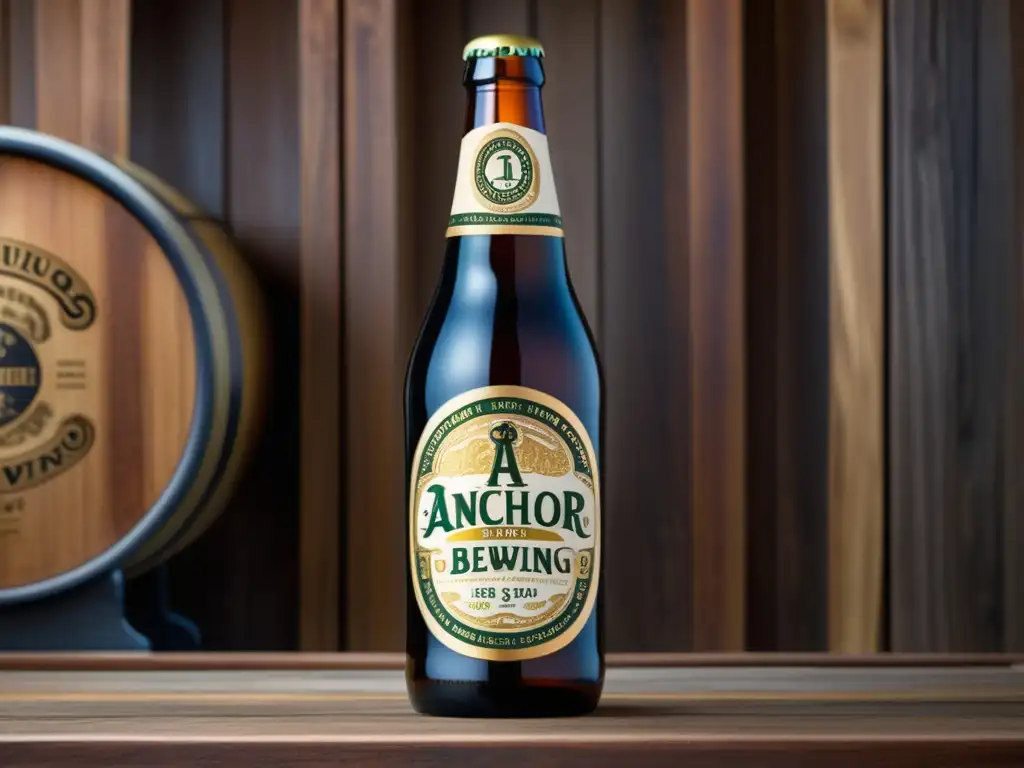 Aniversario de Anchor Brewing: botella de edición especial destacada en mesa de madera rústica, con iluminación natural resaltando detalles únicos