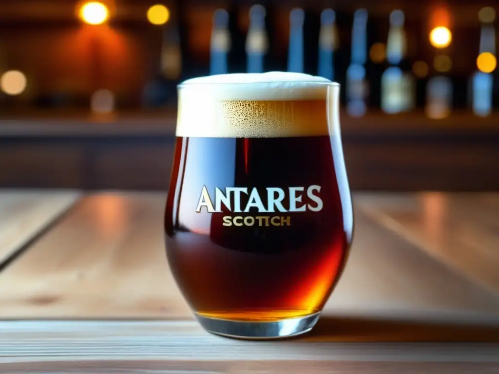 Vaso de Antares Scotch, cerveza de color ámbar con espuma cremosa y burbujas ascendentes, en mesa de madera - Red Ale