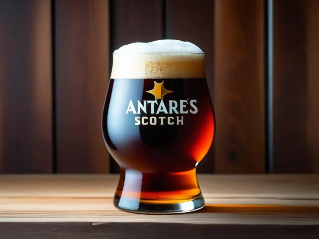 Vaso lleno de Antares Scotch Red Ale en mesa de madera, con espuma cremosa y color ámbar intenso