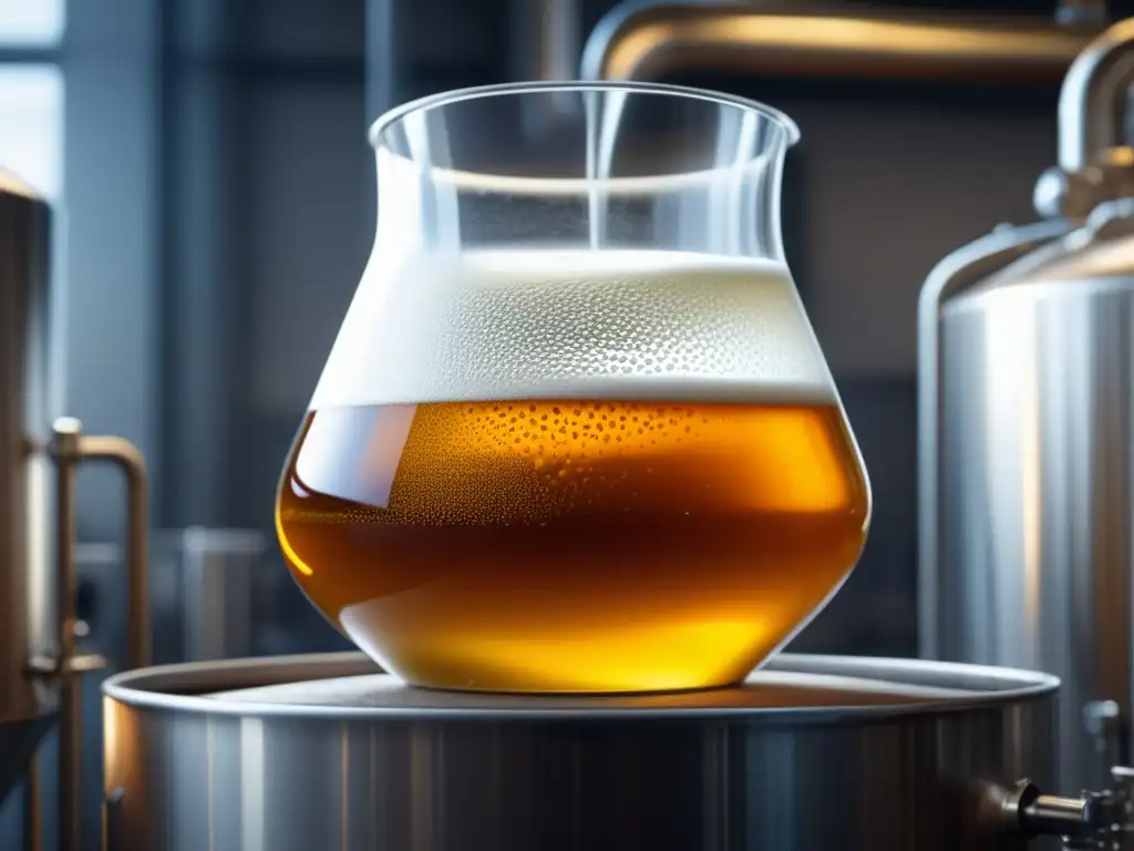 El Arte de la Fermentación en una imagen 8k detallada de una cervecería, destacando un vaso de fermentación lleno de líquido dorado efervescente