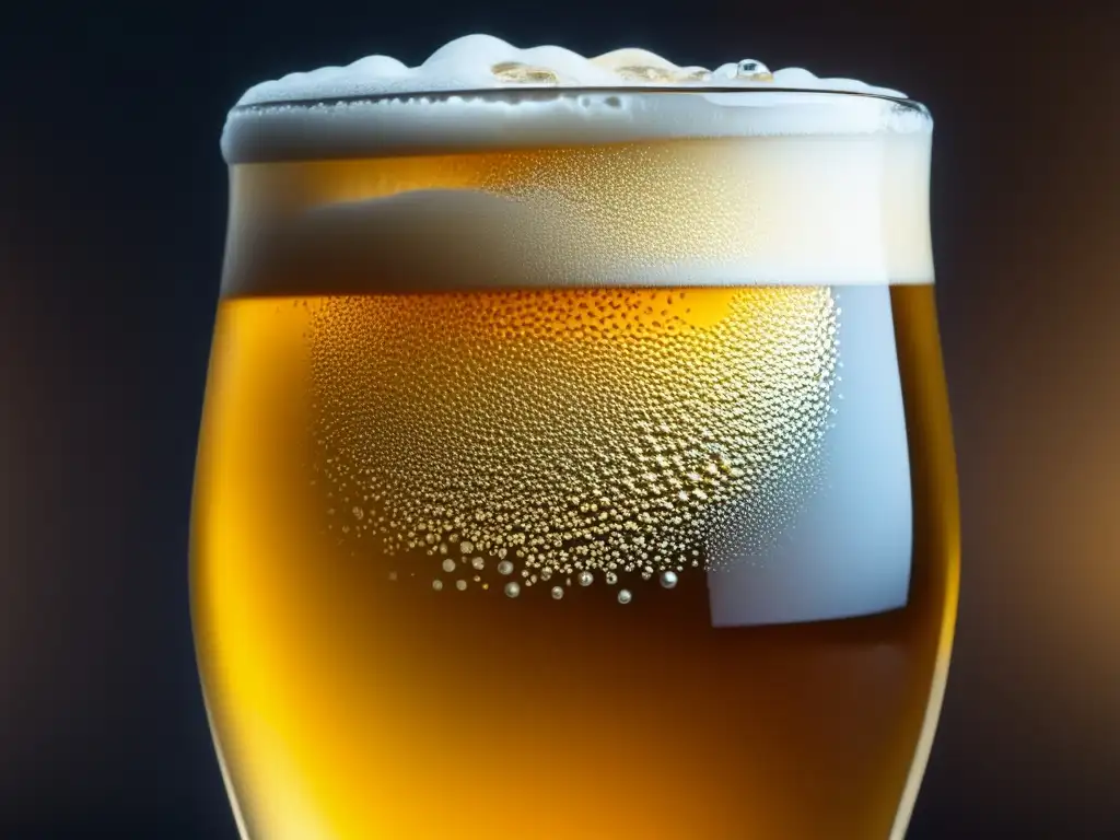 Ruta por Estados Unidos: Cerveza artesanal dorada en vaso de vidrio con espuma cremosa y burbujas reflejando la luz en mesa de madera rústica