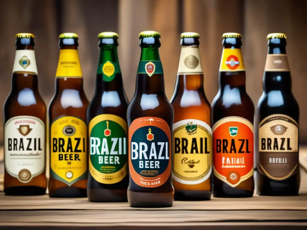 Sindicato cervezas Brasil: Botellas artesanales de cerveza en mesa de madera, destacan etiquetas y diseño de empaque únicos