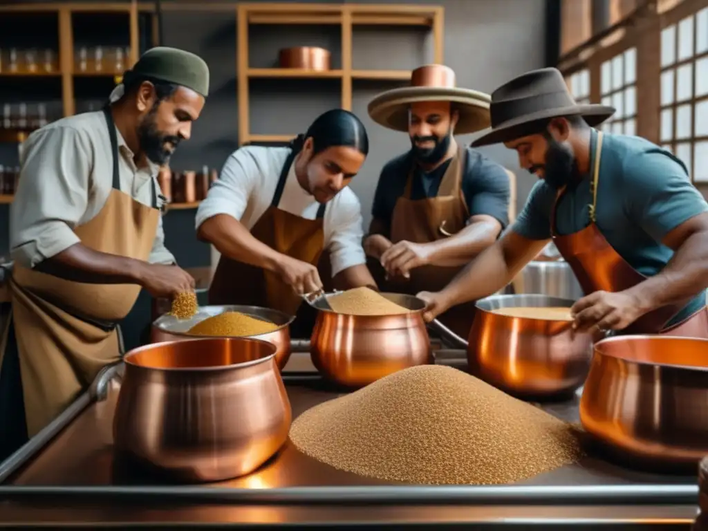 Artisanos brasileños trabajando en sindicato de cervezas - proceso de elaboración de cerveza artesanal con detalle de ingredientes y fermentación