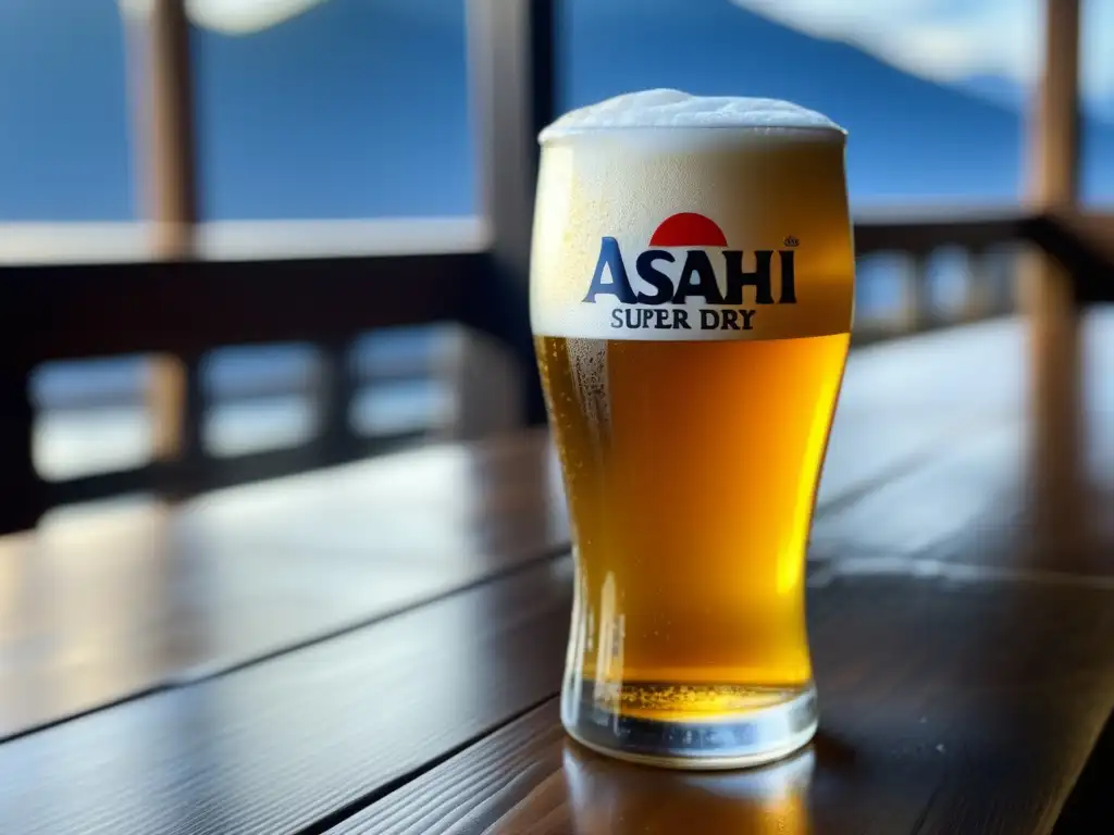 Una cerveza Asahi Super Dry perfectamente helada en una mesa de madera, con espuma cremosa y burbujas brillantes