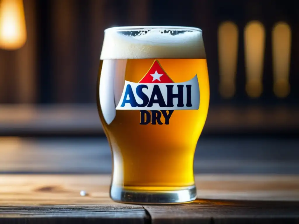 Cerveza Asahi Super Dry en vaso, con espuma cremosa, en mesa de madera rústica