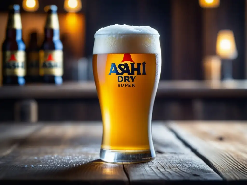 Cerveza Asahi Super Dry: cristal perfectamente servido con espuma abundante en una mesa de madera rústica