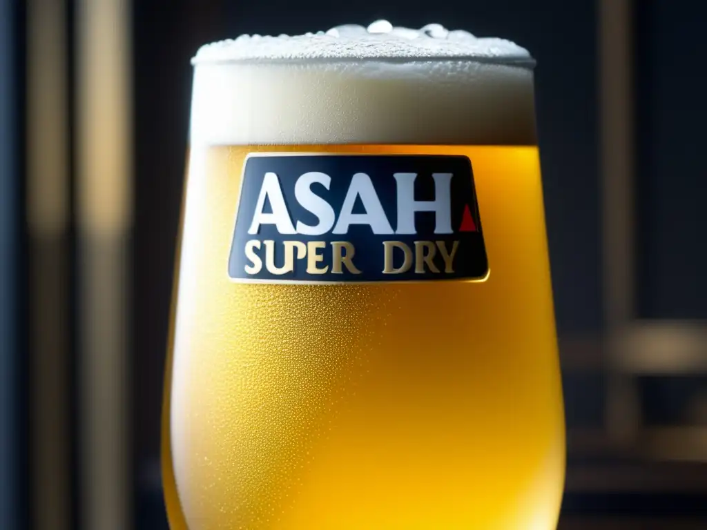 Vaso de Asahi Super Dry, cristalino y elegante, con burbujas y condensación, refrescante y de calidad