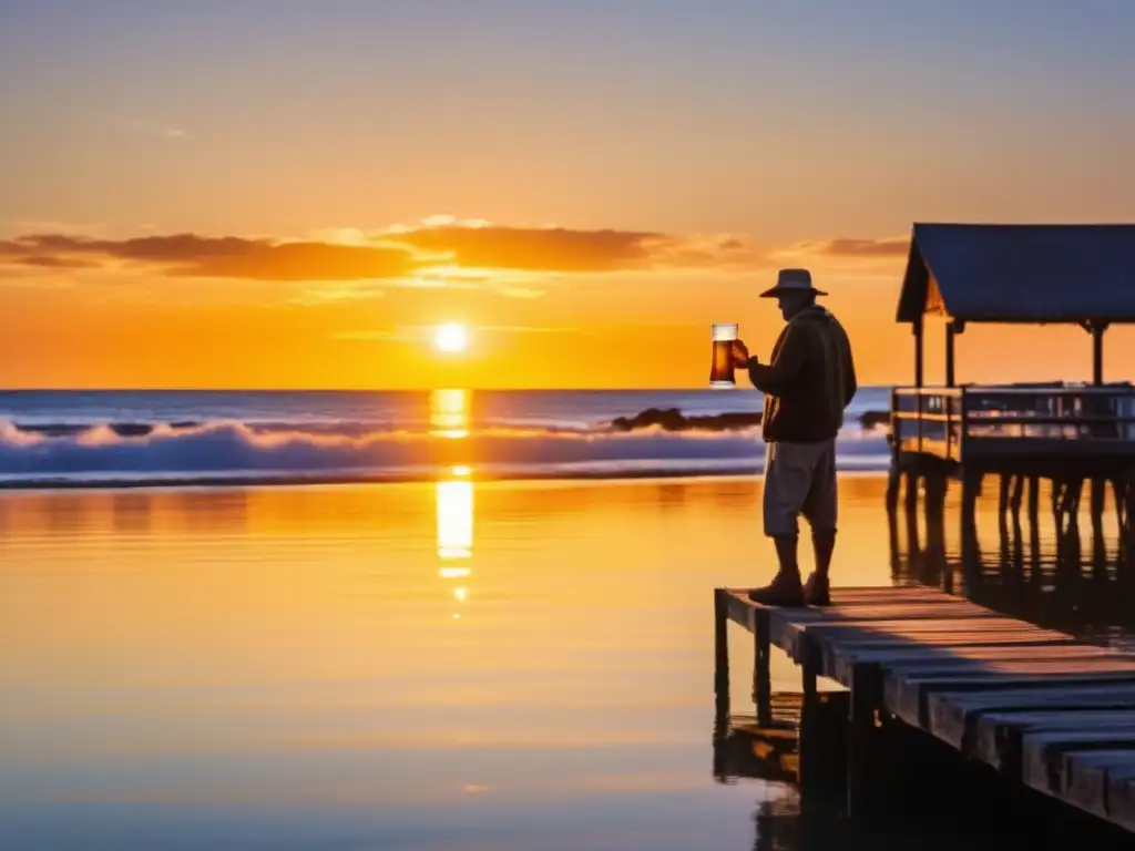 La Leyenda del Pescador y la Cerveza de Oro en una imagen de atardecer dorado sobre un pueblo costero