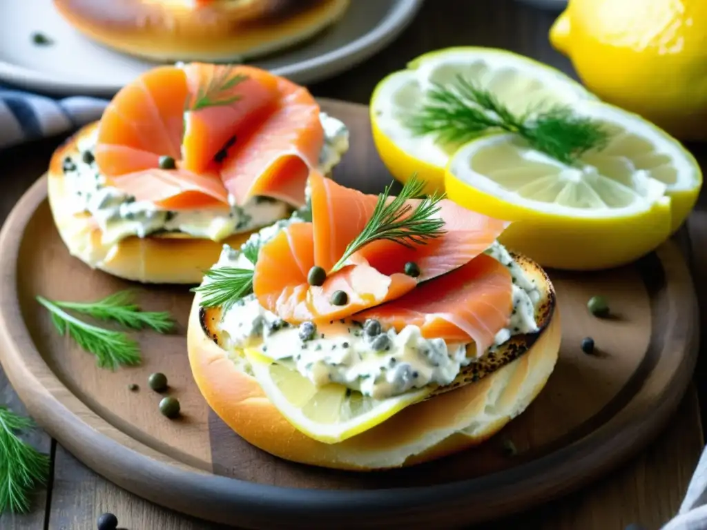 Deliciosa bagel de salmón ahumado, queso crema y eneldo, sobre tabla rústica con limón y alcaparras - Cervezas de Centeno y Comida Judía