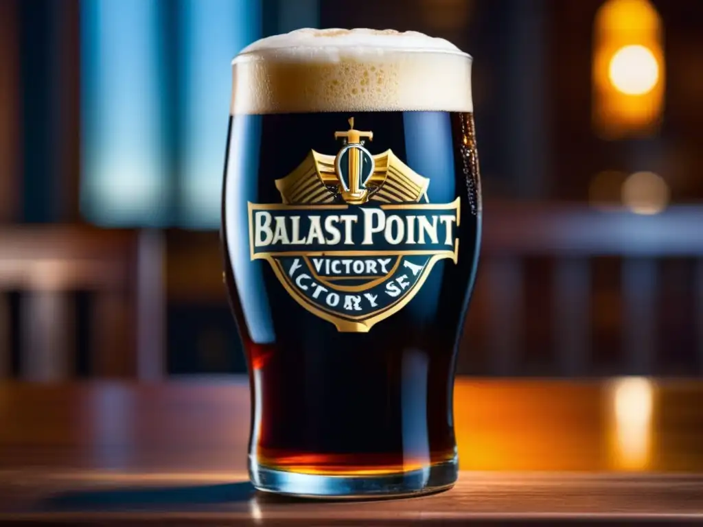 Vaso de Ballast Point Victory at Sea, cerveza Imperial Porter, en una mesa de madera con ambiente tenue