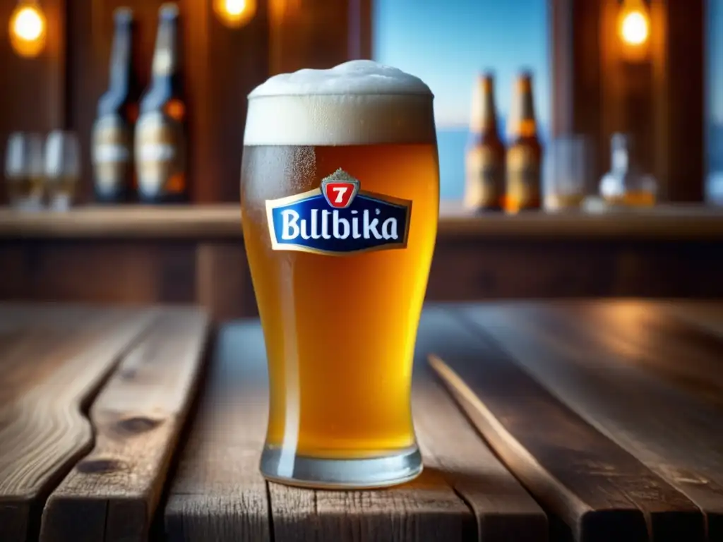 Baltika 7: Vaso de cerveza dorada con condensación, platillos rusos y detalles meticulosos