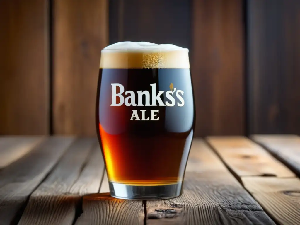 Imagen detallada: vaso de Banks's Mild Ale en mesa de madera rústica, con cerveza ámbar, textura suave y burbujas sutiles