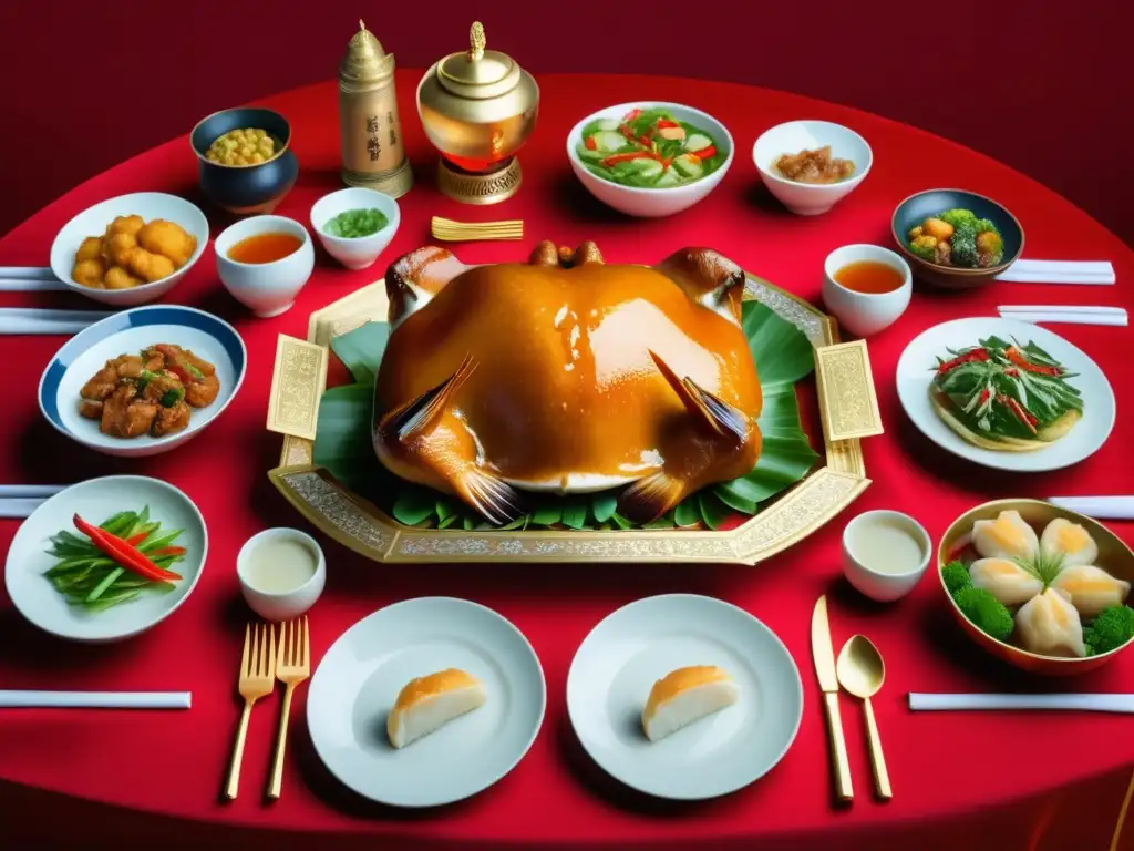 Mesa de banquete chino tradicional con platos exquisitos y cerveza Tsingtao