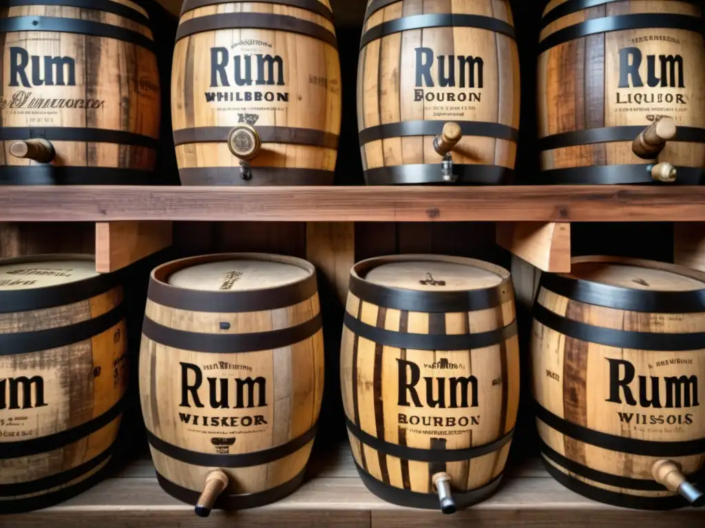 Barriles de madera envejecidos con etiquetas de licores como bourbon, ron y whiskey