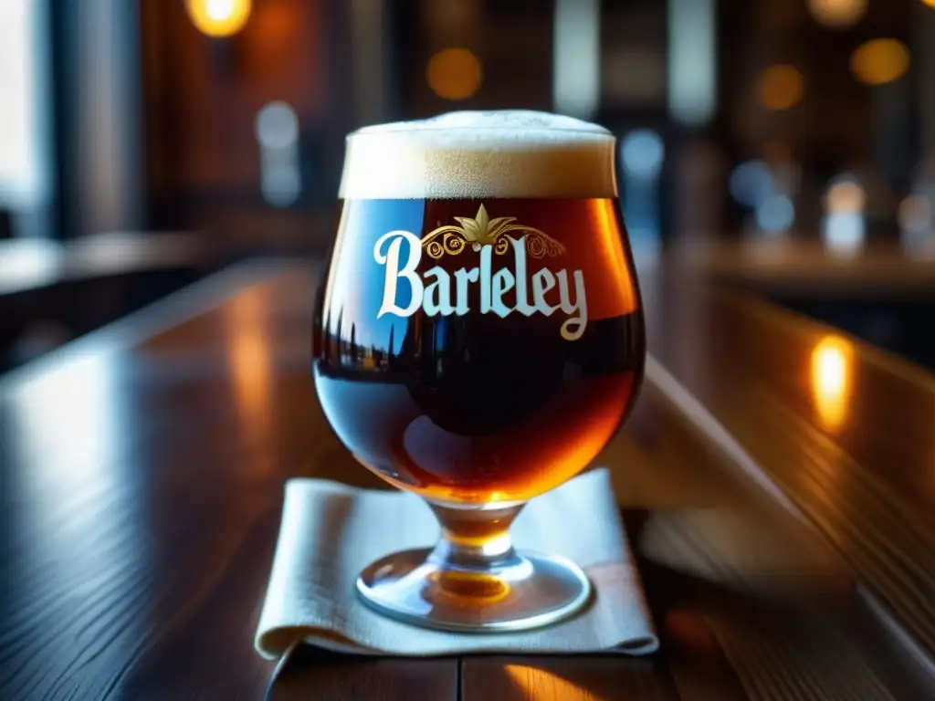 Imagen de Barleywine, cerveza de color ámbar con espuma cremosa y detalles elegantes en mesa de madera