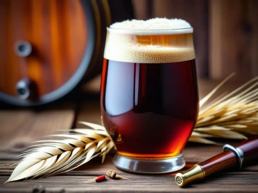 Copa de Barleywine ámbar rodeada de granos de cebada y elementos de caza, en una mesa de madera