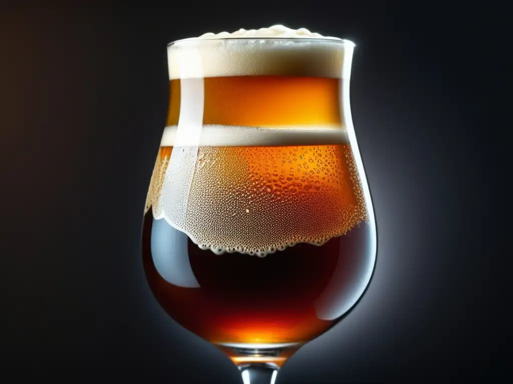 Detallada imagen de cerveza barleywine ámbar en copa elegante, con espuma cremosa, burbujas y enfoque macro