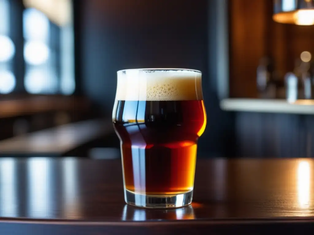 Un vaso de Robinson's Old Tom barleywine en una barra de madera oscura, con colores y burbujas que resaltan