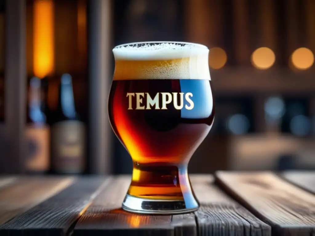 Imagen detallada 8k de un vaso de Tempus Reserva Especial barleywine, con espuma cremosa y granos de cebada