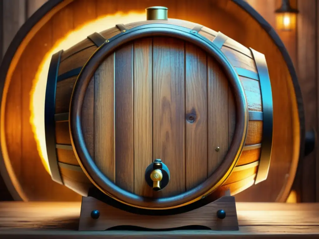 Las Raíces de la Cerveza: Barril de madera lleno de cerveza dorada y espumosa, resaltando su historia y tradiciones