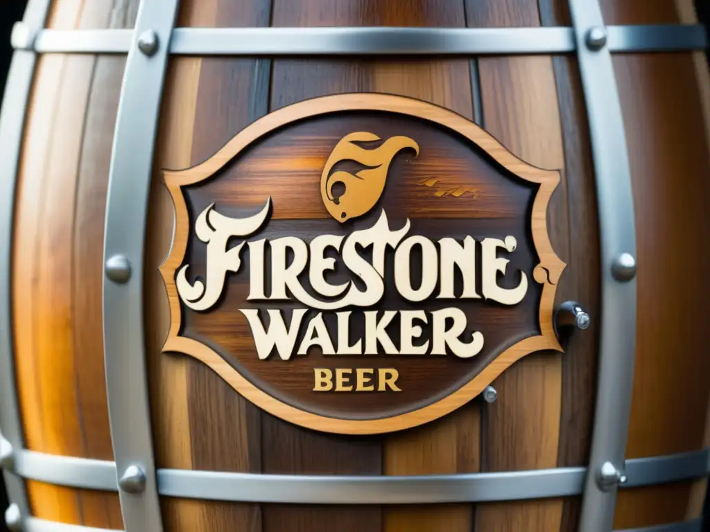 Barril de madera lleno de cerveza ámbar con logo Firestone Walker, resaltando su artesanía y atención a los detalles