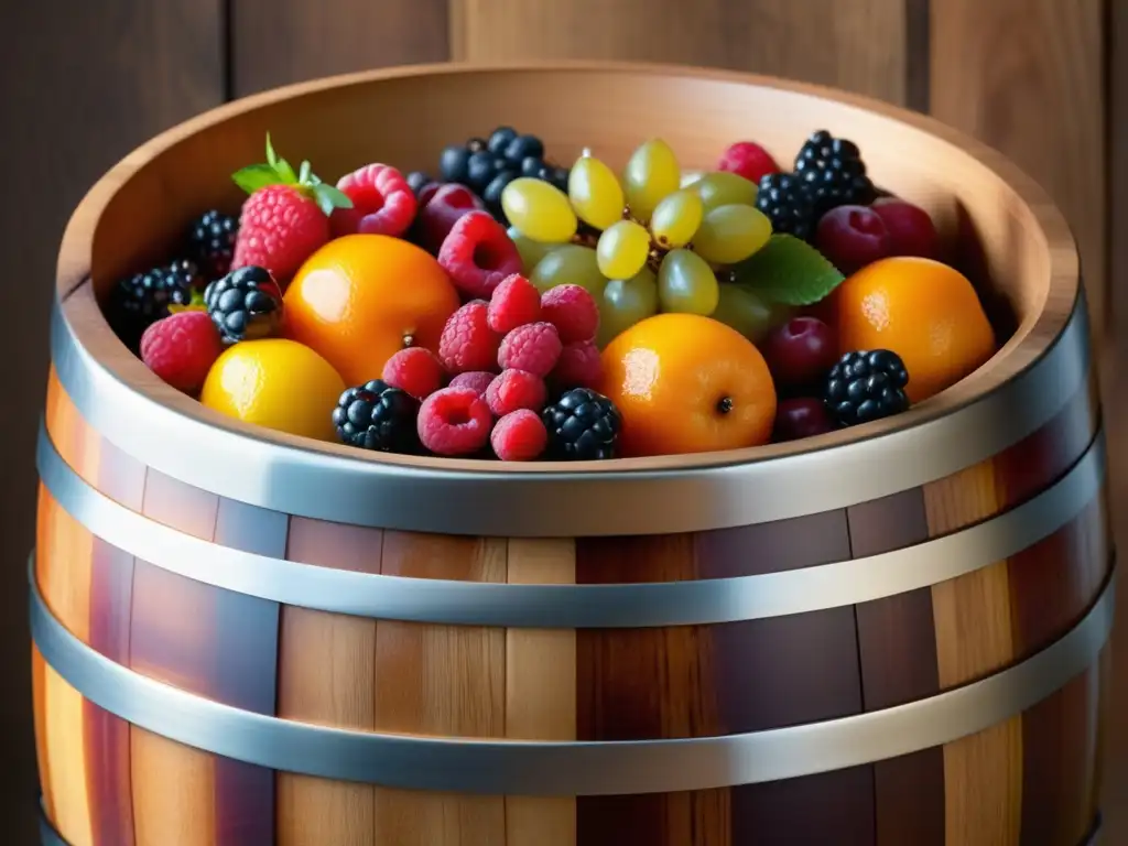 Barril de madera con frutas y berries sumergidos en líquido ámbar, resaltando detalles de la madera y el brillo de las frutas - Barrel-Aged Sours