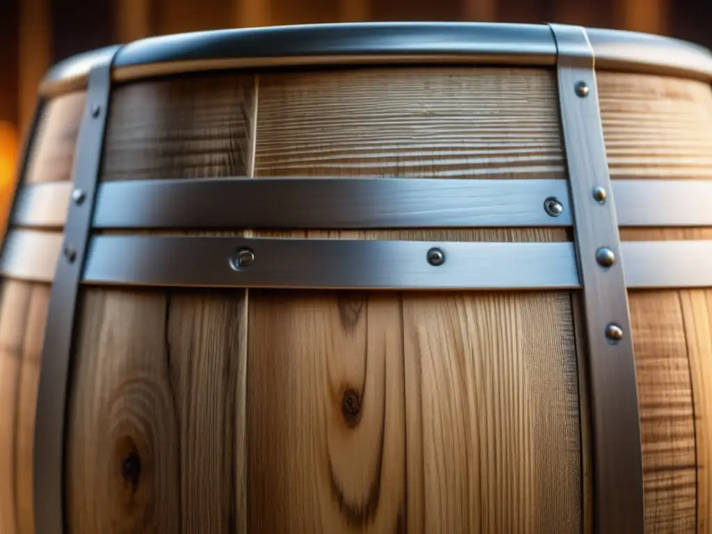 Barril de cerveza de madera con detalles de textura y color, resalta técnicas de madera