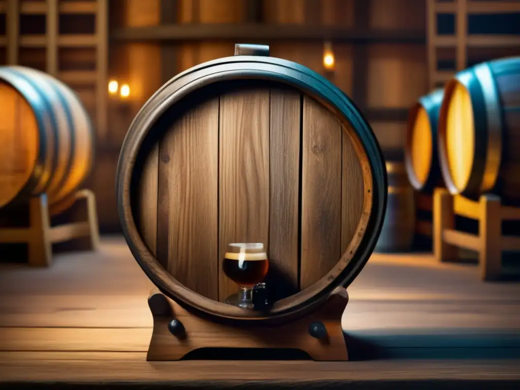 Barril de madera con cerveza maderada, texturas ricas y detalles auténticos en una bodega iluminada