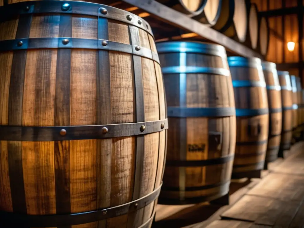 Detalle de barriles de bourbon en almacén, resaltando su rica madera, aros metálicos y marcas envejecidas