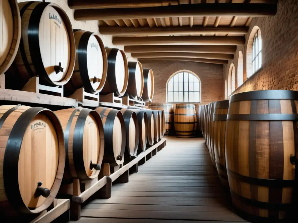 Lambic: Detalle de una tradicional fábrica belga de cerveza, con grandes barriles de madera envejecida, fermentando y mostrando su rica textura