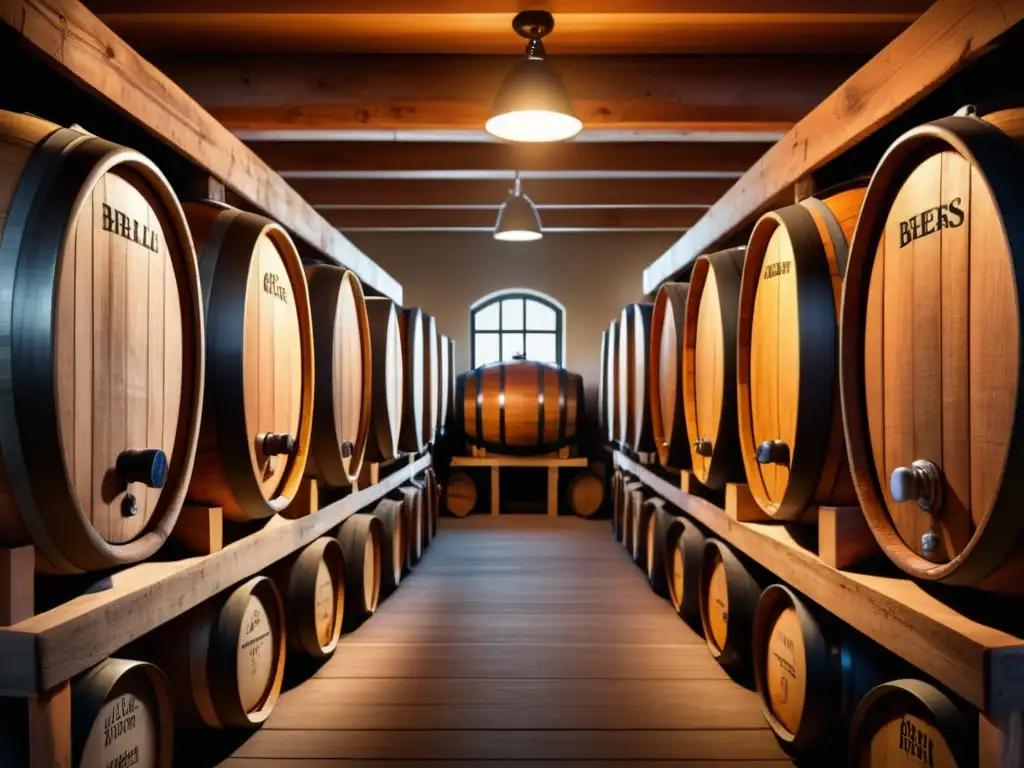 Barriles de madera en una bodega de cervezas de guarda