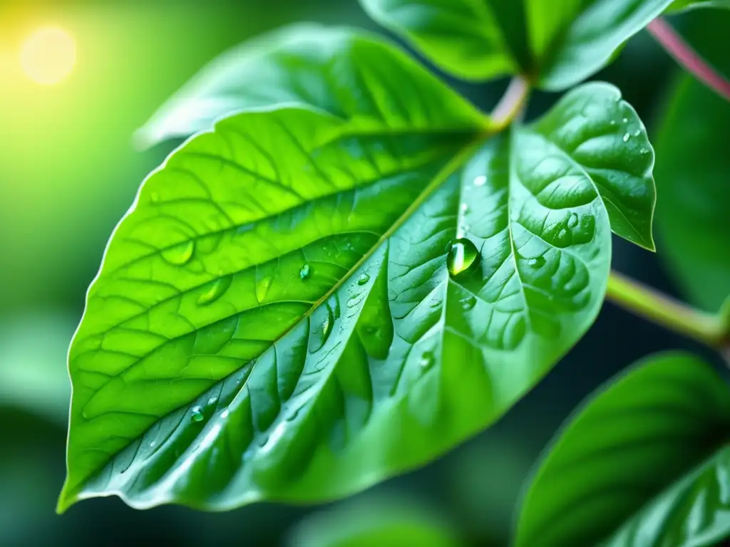 Hoja de albahaca verde vibrante con gotas de agua - Cervezas Herbales