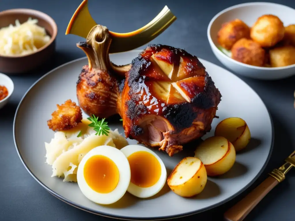 Deliciosa Schweinshaxe con Kartoffelknödel y sauerkraut, en detalle macro