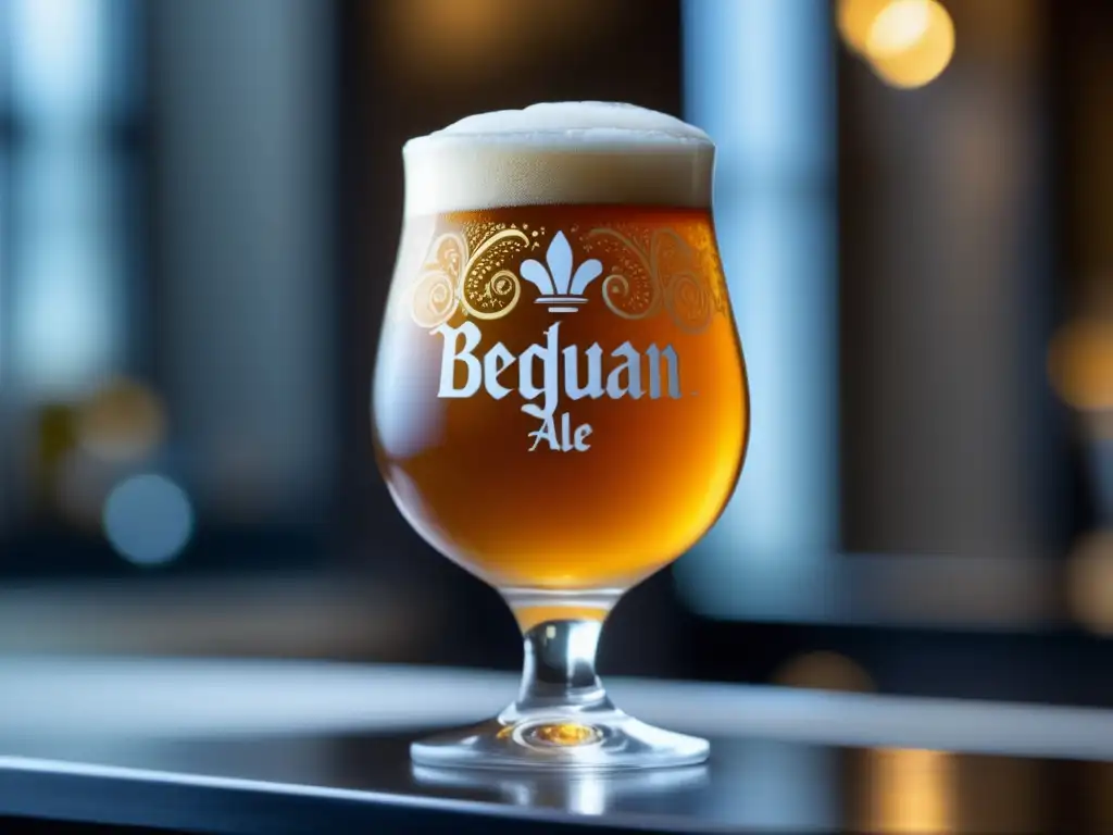 Cerveza Belgian Ale dorada en vaso grabado con elegancia, burbujas efervescentes y espuma blanca cremosa